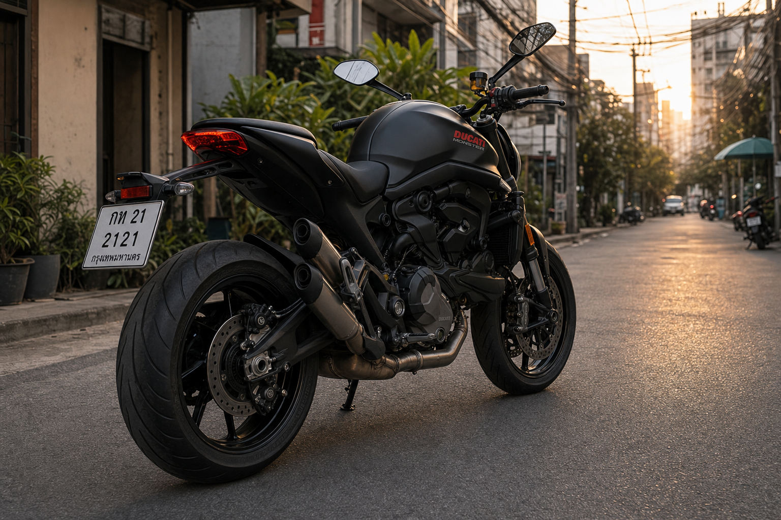 Black Ducati Monster on a Bangkok street